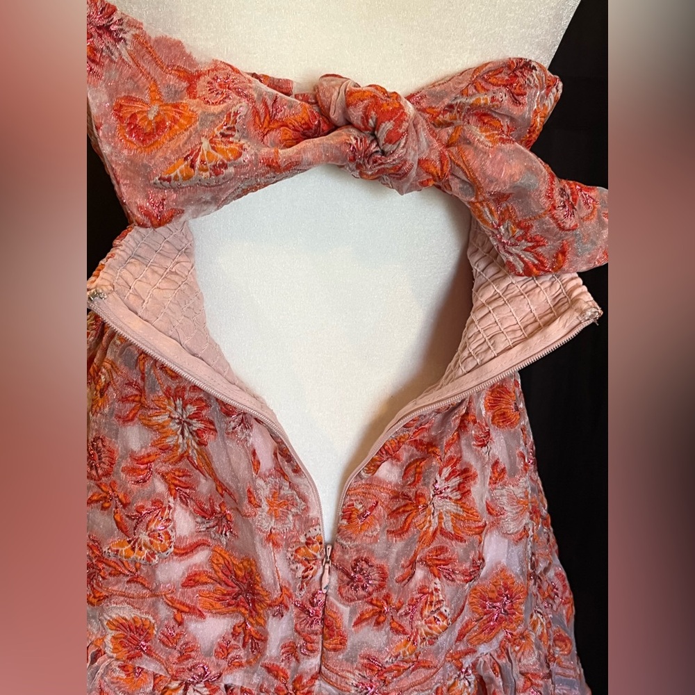Anthropologie Strapless Mini Dress. Back bow, stretchy back. Orange, pink. L - Picture 10 of 16